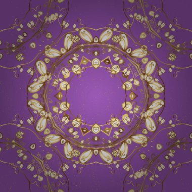 Mor ve kahverengi renklerin kraliyet retro 'su. Vektör çizimi. Eskiz kalıbı altın elementler. Kart, eskiz, ambalaj ve tekstil için klasik tasarım. Altın şablon. Çiçeksel klasik doku.