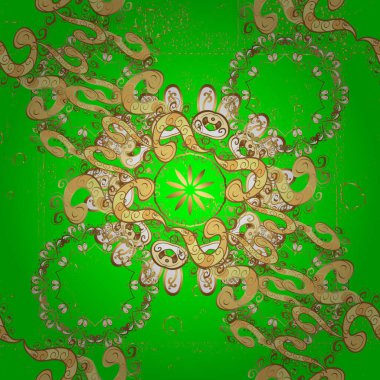 Yeşil ve sarı renklerde altın desenli altın elementler. Vektör doğu süsü. Barok tarzında eskiz oryantal süsü. Geleneksel klasik altın desen.