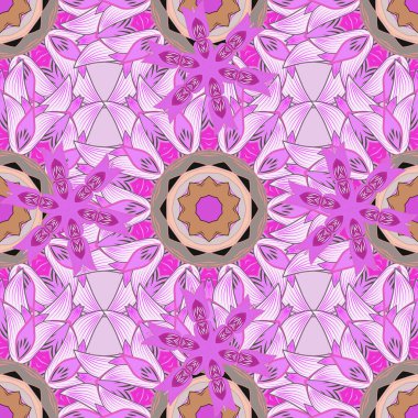 Vektör çizimi. El yapımı çiçek ve bitki koleksiyonu. Şirin karalama çiçekleri olan kusursuz çiçek desenleri. Vektör çizimi. Eskiz tarzı pembe, nötr ve mor renkler.