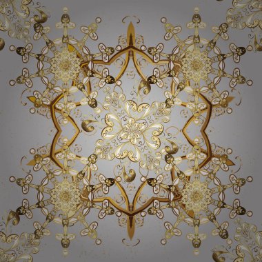 Gri ve bej renklerde altın desenli altın elementler. Arkaplan, kumaş, altın çizim. Vektör altın desen. Düz elle çizilmiş vintage koleksiyonu.