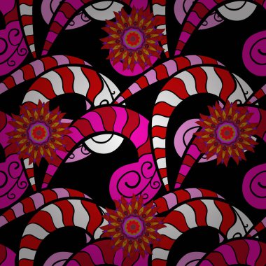 Tasarım ambalajı ve hediye kağıdı, tebrik kartları, afiş ve poster tasarımı. Renkli, morumsu ve siyah vektör pürüzsüz çizim.