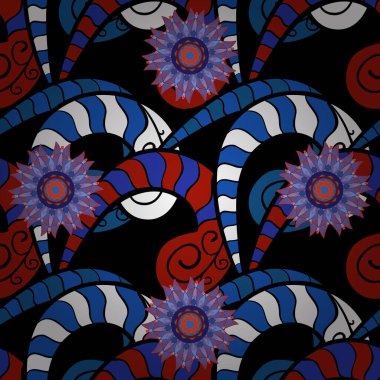 Karalamalar siyah, kırmızı ve mavi renklerde. Tasarım. Yumuşak kumaş deseni. Kusursuz bir iz. Vektör. Düz elementler.