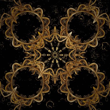 Altın elementlerle siyah ve kahverengi renklerde altın desen. Süslü vektör dekorasyonu. Barok biçiminde tasarım için Damask desen arkaplanı.