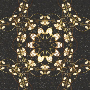 Çiçek süsü kumaş deseni, cam, çiçek desenli metal gri, kahverengi ve altın elementli. Klasik vektör altın desen.
