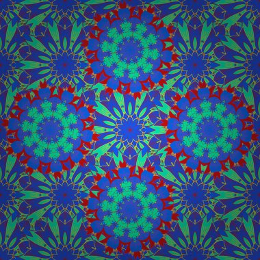 Vektör çizimi. Renkli sonbahar yapraklarıyla kusursuz bir desen. Yeşil, kırmızı ve mavi renklerde şirin yaprak desenleri var. Tekstil, eskiz, ambalaj, kağıt. Yapraklı desen.