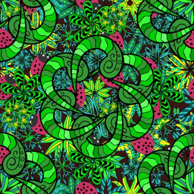 - Stok. Vektör çizimi. Yeşil, mavi ve siyah renkli. Kusursuz şirin kumaş deseni. Soyut karalama kalıpları. Güzel geçmiş..