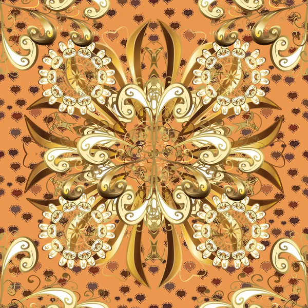 Μπαρόκ Σκετς Νταμασκ Χρυσά Στοιχεία Πορτοκαλί Και Καφέ Χρώματα Σχέδιο — Διανυσματικό Αρχείο