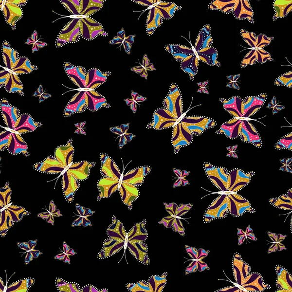 Бесшовный Разноцветный Фон Летающими Мотыльками Вектор Красивые Красочные Бабочки Хаотично — стоковый вектор