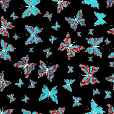 Vektör. Kağıt, kumaş ve ambalaj için uygun. Siyah, kırmızı ve mavi arka planda kelebekler. Kusursuz desen.