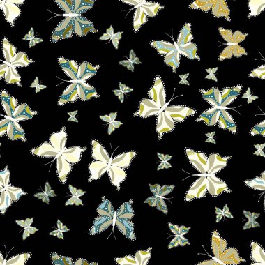 Renkli kelebeklerin kusursuz arka planı. Vektör çizimi. Ambalajlar ve eskiz için güzel bir geçmiş, kumaş tasarımı, kağıt. Tarafsız, siyah beyaz tatlı kelebekler.