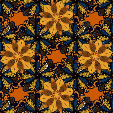 Vektör. Güzel suluboya çiçekler, parlak resim ilham verici mavi ve turuncu çiçek desenli dikişsiz arka plan.