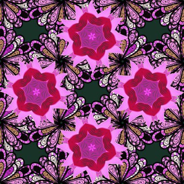 Doğu, İslam, Hintli, motifler. Düğün, tatil kartı. Renkli. Vintage vektör dekoratif süsü. Etnik doku. Siyah, kırmızı ve pembe renklerde Arapça Mandala deseni. Doğu, simetri danteli, kumaş.