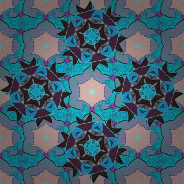 Modaya uygun kumaş deseni. Renkli Bahar Temalı Kusursuz Arkaplan. Tarafsız, mavi ve kahverengi renkli şirin çiçek desenleri. Düz Çiçek Elementleri Tasarımı.