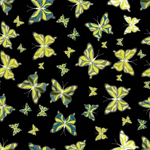 Värilliset Perhoset Vihreällä Mustalla Keltaisella Taustalla Sopii Pakkaamiseen Paperiin Kankaaseen — vektorikuva