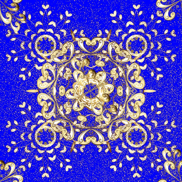 デザインのためのダマスクスケッチパターン 黄金の要素と青とベージュの色のベクトルスケッチパターン — ストックベクタ