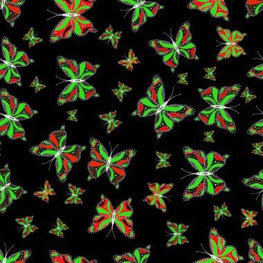 Yazdırmayı tekrarla. Sonsuz. Vektör çizimi. Gri, yeşil ve siyah suluboya kelebekleri olan pürüzsüz bir arkaplan deseni..