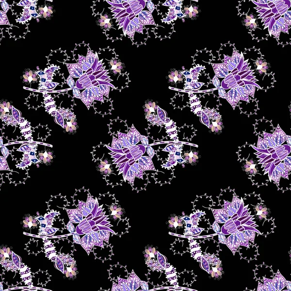 Nahtloses Blumenmuster Asiatischen Textilstil Auf Schwarz Weiß Und Violett Vektorillustration — Stockvektor