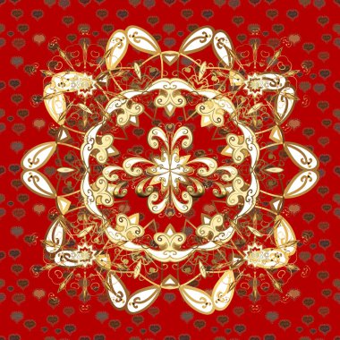 Vektör altın tekstil izi. Çiçek kiremitleri. İslam tasarımı. Kırmızı ve kahverengi renklerde altın desenli altın elementler. Kusursuz desenli oryantal süs.