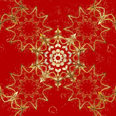 Doğu tarzı arabesk. Kahverengi ve kırmızı renklerde altın elementlerle renkli desenler. Vektör altın desen. Altın desenli bukleler.