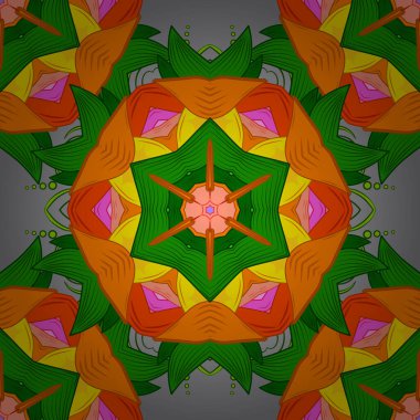 Yeşil, gri ve turuncu renklere çizilmiş zendogru elin renkli mandala vektör çemberi.