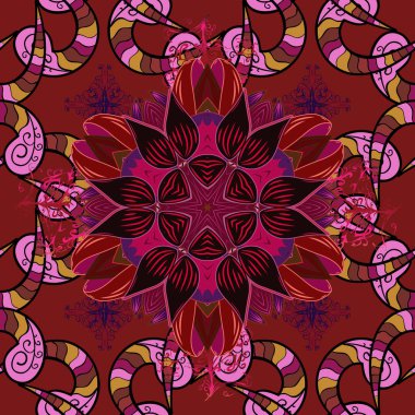 Çiçek elementli zarif vektör dokusu. Küçük çiçekte hoş bir çiçek deseni var. Siyah, kırmızı ve pembe renkli parlak çiçekli, soyut, pürüzsüz desen.