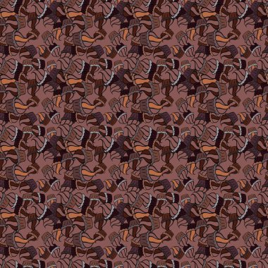 Tasarım. Düz elementler. Siyahı, kahverengiyi ve pembeyi boyuyor. Vektör. Kusursuz bir iz. Güzel kumaş deseni.