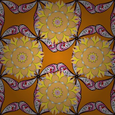 Renkli Yaz Temalı Kusursuz Arkaplan. Bej, pembe ve turuncu renkli çiçekler. Vektör illüstrasyonunda kusursuz çiçek deseni. Düz Çiçek Elementleri Tasarımı.