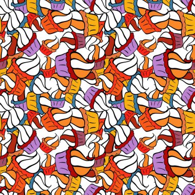 Modaya uygun kumaş deseni. Vektör. Tasarım ambalajı ve hediye kağıdı, tebrik kartları, afiş ve poster tasarımı. Siyah, turuncu ve beyaz karalamalar. Kusursuz Desen Yazdırma.