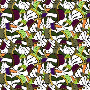 Kusursuz şirin kumaş deseni. Beyaz desen, siyah ve yeşil renkler. - Stok. Sabıka fotoğraflarında, bebek kıyafetlerinde, çizimlerde, paket kutularında falan kullanılabilir. Soyut karalama kalıpları. Vektör çizimi.