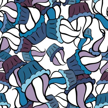 Nazik, beyaz, siyah ve mavi renklere karalamalar. El çizimi çiçek elementleri ile soyut, pürüzsüz vektör deseni.