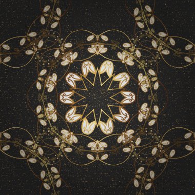 Altın elementlerle kahverengi ve gri renklerde klasik desen. Kahverengi ve gri renklerdeki altın desenli altın elementler. Noel, kar tanesi, yeni yıl.