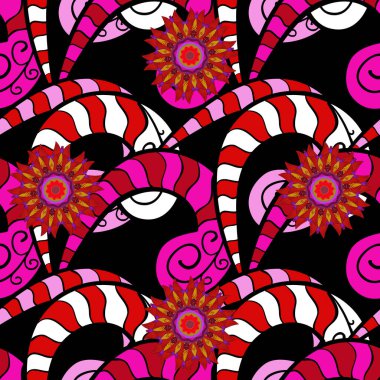 Vektör çizimi. Anti stres için vektör soyut şablon sayfası. Siyah, kırmızı ve morumsu renklerde. Kartlar, davetiyeler, tarih kartları ve daha fazlası için kullanılabilir.