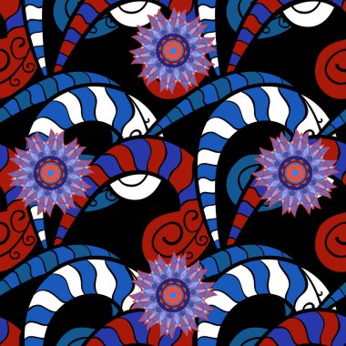 Siyah, mavi ve kırmızı arkaplan üzerine soyut karalamalar çizilmiş kusursuz düz tasarım. Renkli desen. Vektör illüstrasyonu.