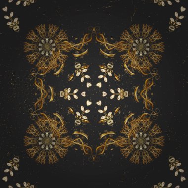 Vektör altın desen. Kahverengi ve gri renklerdeki altın desenli altın elementler. Düz elle çizilmiş klasik koleksiyon. Arkaplan, kumaş, altın çizim.
