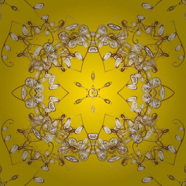 Tasarımın için, skeç. Kahverengi ve sarı renklerde altın çiçekli altın desenler. Vektör geometrik arkaplan. Altın rengi kusursuz illüstrasyon.