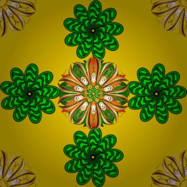 Yeşil ve sarı renklerde elle çizilmiş mandala. Vektör soyut deseni.