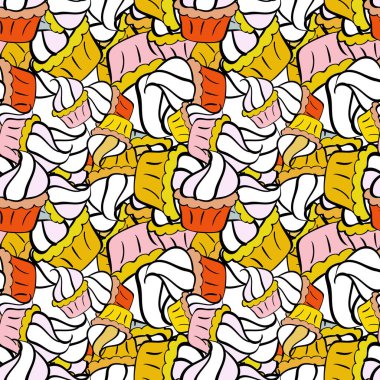 Kek pürüzsüz desen. Vektör. Parmak izi, dekorasyon ve kumaş için doku. Tatlı kek dokusu arka planı. Sarı, siyah ve beyaz üzerine renkli krema arkaplanı.