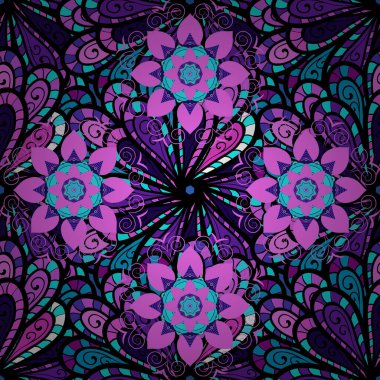 Siyah, mavi ve pembe renkli çiçekler. Çiçeksiz desenli arka plan, darbeler, sıçramalar, yaz çiçekleri. Vektör illüstrasyonu.