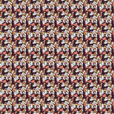 Vektör çizimi. Karalama kalıbı. Siyah, mor ve beyaz renklerde. Kusursuz desen soyut şirin arkaplan. Tasarım ambalajı ve hediye kağıdı, tebrik kartları, afiş ve poster tasarımı.