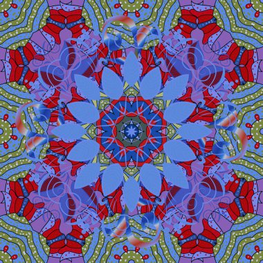 Arkaplan dokusu, çizim, kırmızı, mavi ve mor renkli çiçek teması. Kabile sanatı boho baskısı, klasik çiçek arkaplanı. Soyut etnik vektör pürüzsüz desen.