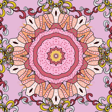 Çiçek mandala kusursuz desen. Vektör Etnik Doğu Çemberi Süslemesi. İslam, Arapça, Hintçe, sedir motifleri pembe, nötr ve siyah renklerde.