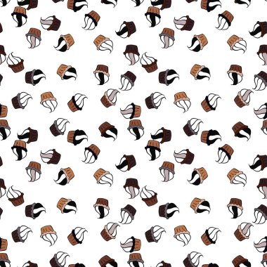 Vektör çizimi. Kahverengi, beyaz ve siyah hakkında güzel bir doğum günü geçmişi var. Elle çizilmiş kusursuz tatlılar: Kekler, kek, turta, kekler.