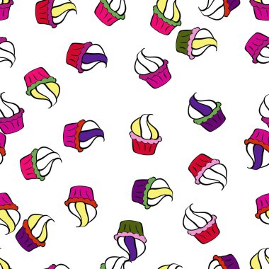 Eflatun, beyaz ve siyah üzerinde kusursuz bir doğum günü şablonu. Vektör çizimi. Paket kağıdı. Kek, şapka, koni.