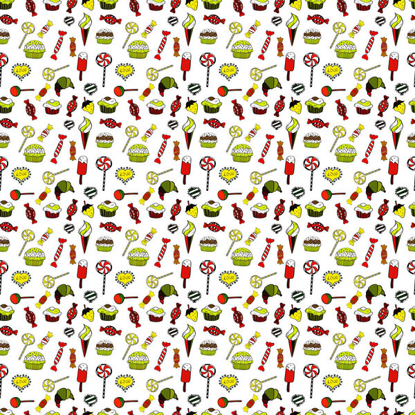 Christmas vector seamless pattern with candies on yellow, black and white background. Wrapping paper for Christmas gifts. New year Vector illustration.