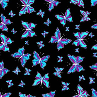 Fantezi çizimi. Mavi, siyah ve mor renkli resimler. Vektör. Bir sürü kelebek desenli kusursuz desen. Erkekler, kızlar, kıyafetler, çizimler için soyut bir model.