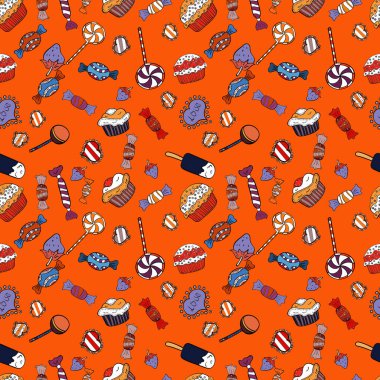 Beyaz, turuncu ve siyah. Sonsuz desen, beyaz, turuncu ve siyah arka plan. Paket kağıdı. Tatlı tatlılar ile kusursuz desen. Vektör çizimi. Krema..