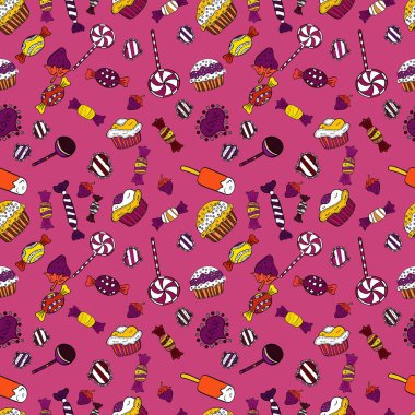 Kusursuz, şenlikli pastalar ve alışılmadık tasarımın leziz kekleri. Vektör. Mor, mor ve beyaz renkte şirin bir doğum günü deseni var..