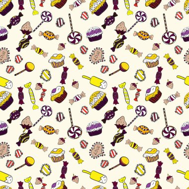 Keklerle suluboya kusursuz desen. Paket kağıdı. Vektör. Beyaz, sarı ve nötr üzerine parlak doğum günü deseni.