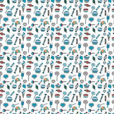 Kusursuz bir geçmişi olan şekerler. Vektör. Siyah, beyaz ve mavi renkler üzerine suluboya çizim.