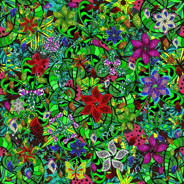 Hermoso Patrón Acuarela Con Flores Colores Azul Negro Verde Ilustración — Vector de stock